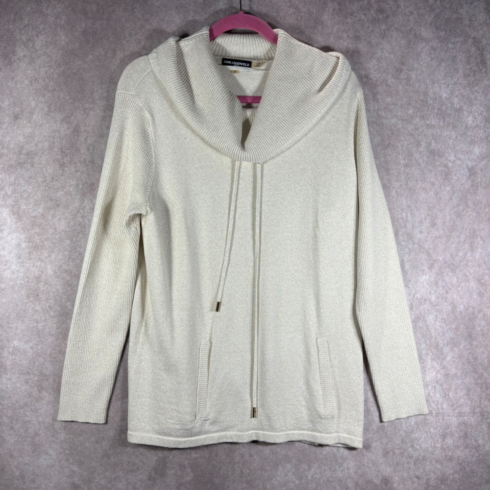 Karl Lagerfeld Sweater Women Large Ivory Cowl Neck Shimmer Knit Metallic Pockets